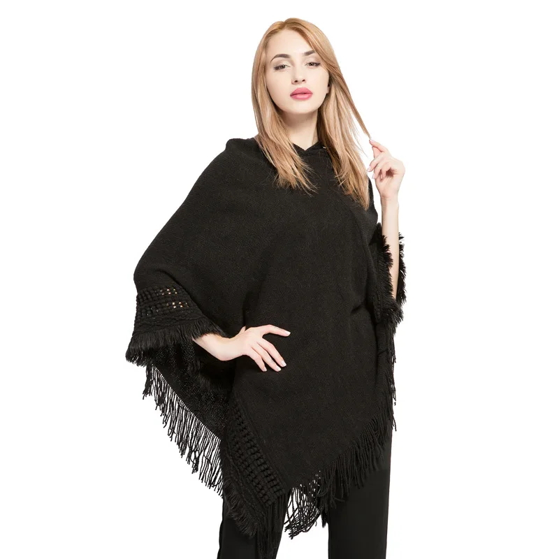 Bohemian Capes Ponchos with Hat Women Tassel Pullover Plus Size Knitted Sweater Cloak Elegant Shawl Autumn and Winter Scarf