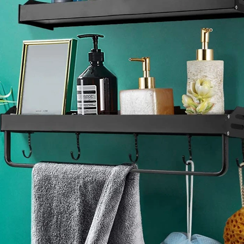 

Bathroom Shelf with Towel Bar Wall Mounted Bath Shower Shelf Black Bath Shampoo Holder Basket Holder Corner Shelf