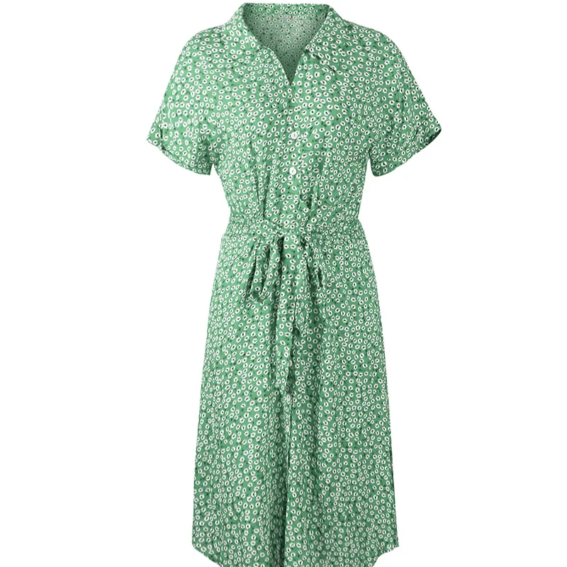 

Chiffon Dress Women Casual Floral Print Holiday Beach Dress V-Neck Midi Dresses Female Summer Short Sleeve Button Loose Vestidos