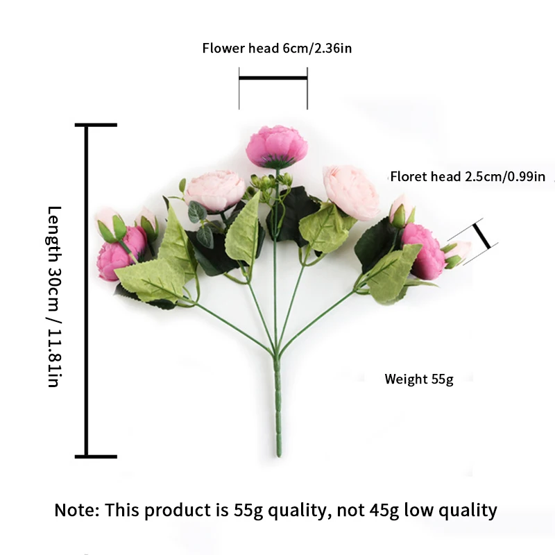

30CM Rose Pink Silk Peony Artificial Flower Bouquet With 5 Big Heads And 4 Buds For DIY Decoration Of Family Wedding
