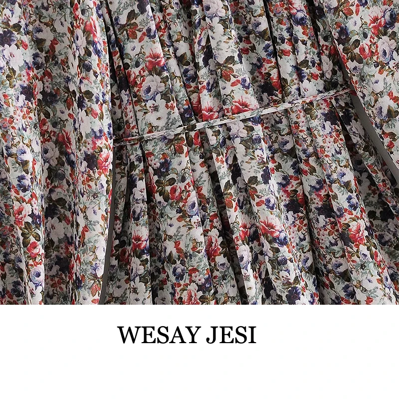

WESAY JESI Floral Print Pleated Dress Women O-Neck Puff Long Sleeve Elegant Party Dresses Woman Fashion Flower Mini Vestido