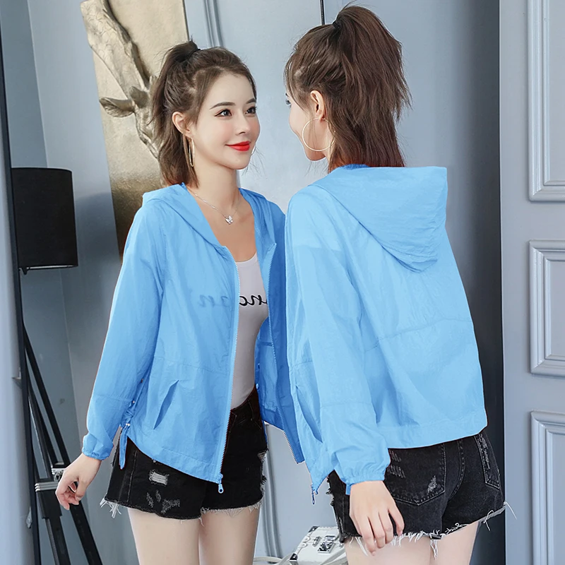 

Summer Thin Breathable Trench Coat Women Short Cardigan Female UV Sun Protection Hooded Sunscreen Beach Windbreaker Casual White