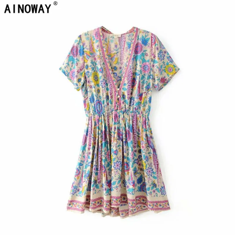 

Винтажное шикарное женское платье-мини с цветочным принтом павлина и глубоким V-образным вырезом, богемное женское платье Бохо happie с коротк...