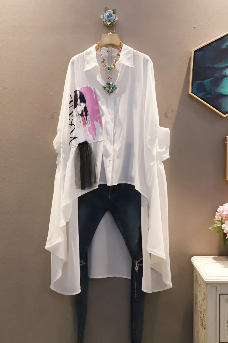 

Vefadisa White Black Women Irregular Blouse 2021 Summer Women Batwing Sleeve Blouse Female Printed Blouse ZQY228C
