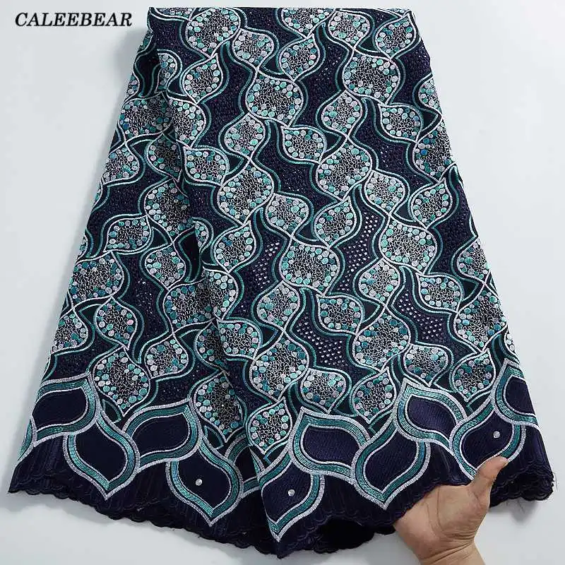 

High Quality African Lace Fabrics 2021 Embroidery Cotton Navy Lace Fabric With Stones Nigerian Lace Fabric For Dress Party S2307