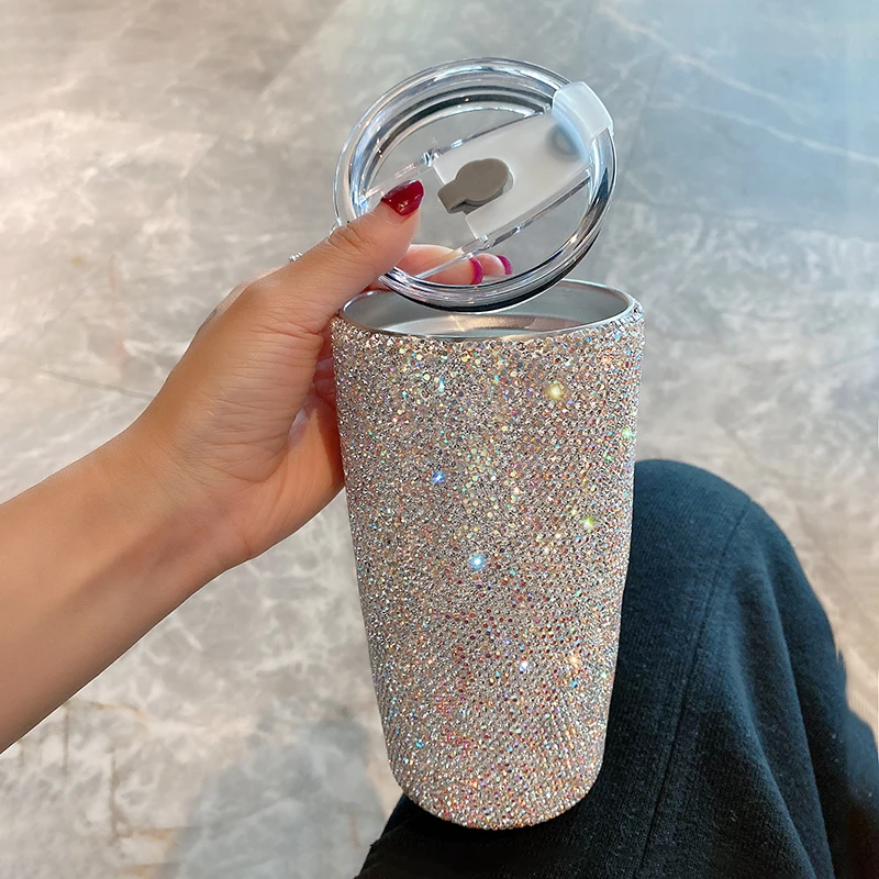 Sparkling Diamond Vacuum Flask Coffee Mug Stainless Steel Portable Rhineston Girls Water Bottle with Cover Thermos Car Mug Gifts