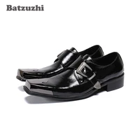 batzuzhi western fashion mens shoes metal cap toe black genuine leather dress shoes men buckle formal business leather oxfords