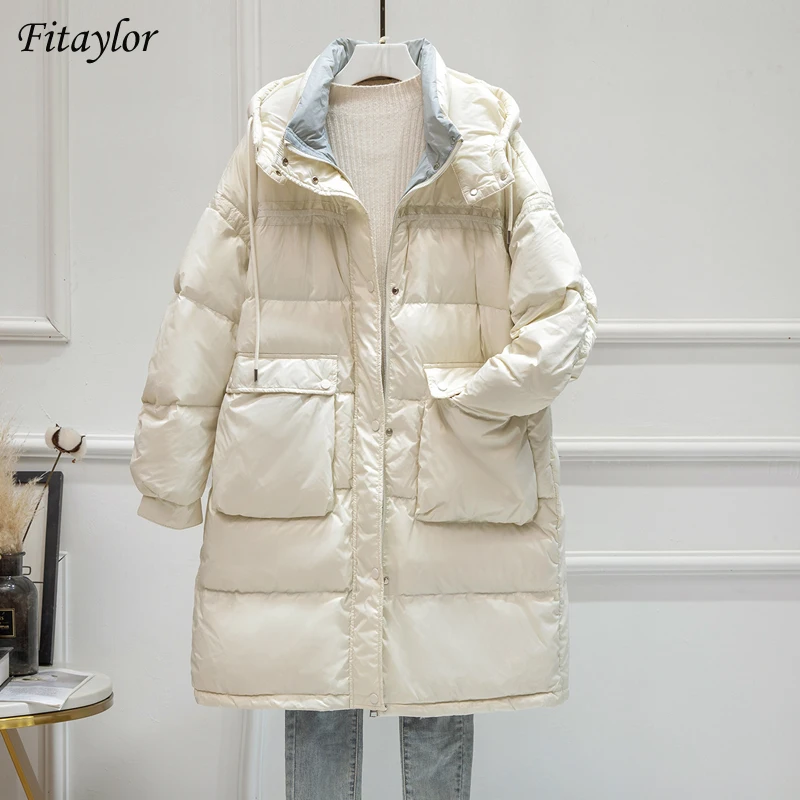 

Fitaylor Зимний новый теплый светильник с капюшоном, длинная куртка с перьями, Женский Повседневный свободный пуховик, пушистая верхняя одежда ...
