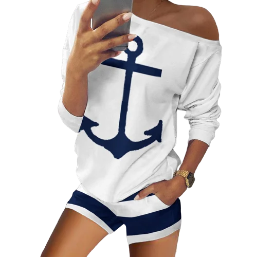 

Женский Повседневный комплект из двух предметов, сексуальный топ с вырезом лодочкой и длинным рукавом и шорты с принтом, женская уличная од...