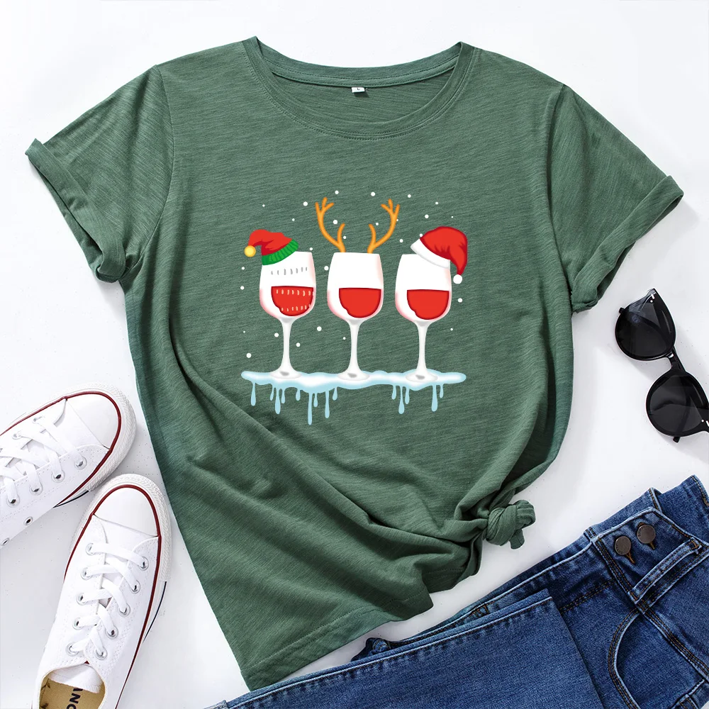 

Graphic Tees for Women Cotton Short Sleeve Tee Woman T-Shirts Female Shirt Tops Summer Casual Clothes Merry Christmas Cup Hat