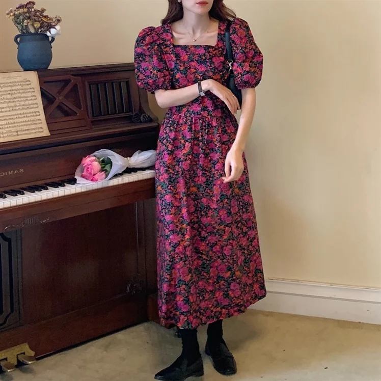 

Large Size Fat Girl Retro Style Fashionable Slimming Square-Neck Cinched Mid-Length over-the-Knee Puff Sleeve Small Floral Dress