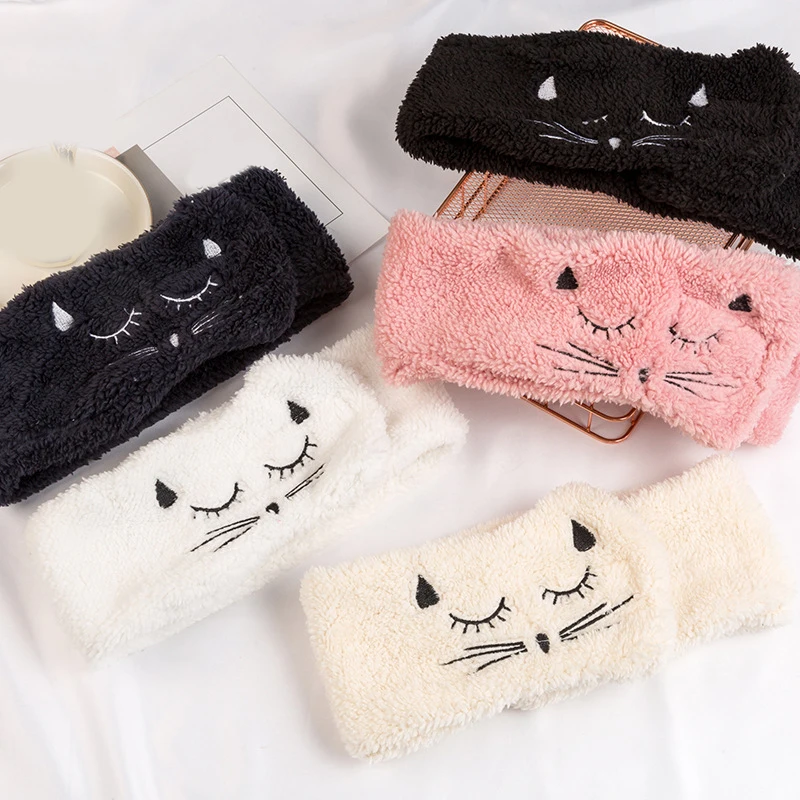 

Cute Cat Print Headbands for Women Girls Soft Coral Fleece Hairband Makeup wash Face Headwrap Hairbands Turban Hair Accessories