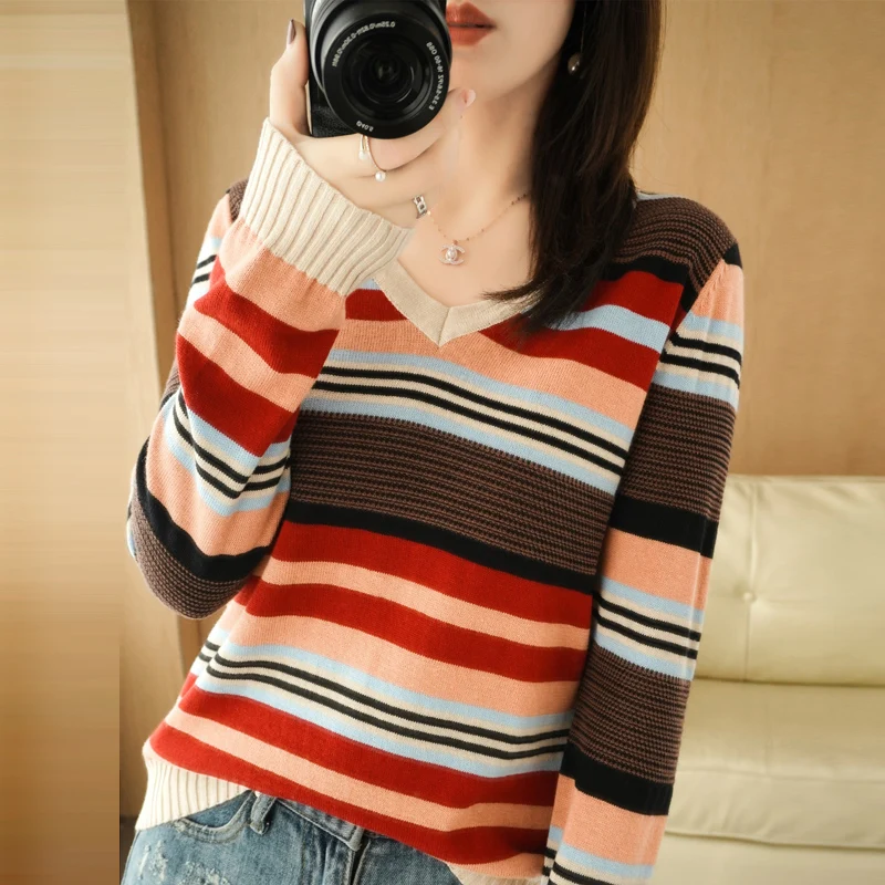 

Cotton knit sweater women's v-neck pullover stripe color matching loose casual short top bottoming tops