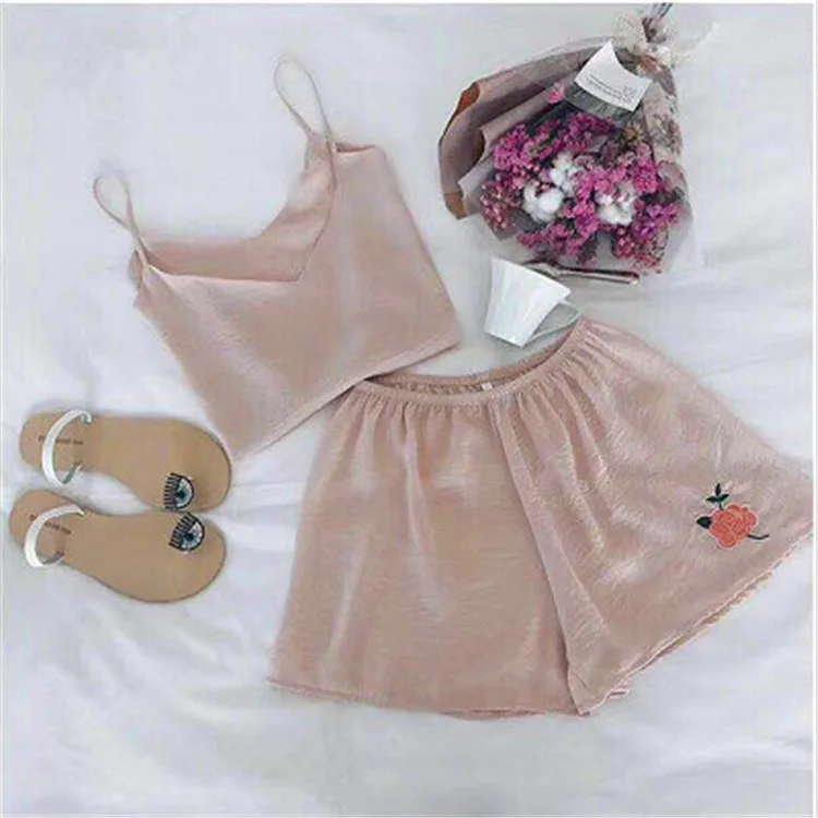 Tops Pajama-Set Shorts Satin Pajama Set Two-Piece Sexy Pure-Color Summer Women For Silk Pijama Mujer Verano | Женская одежда