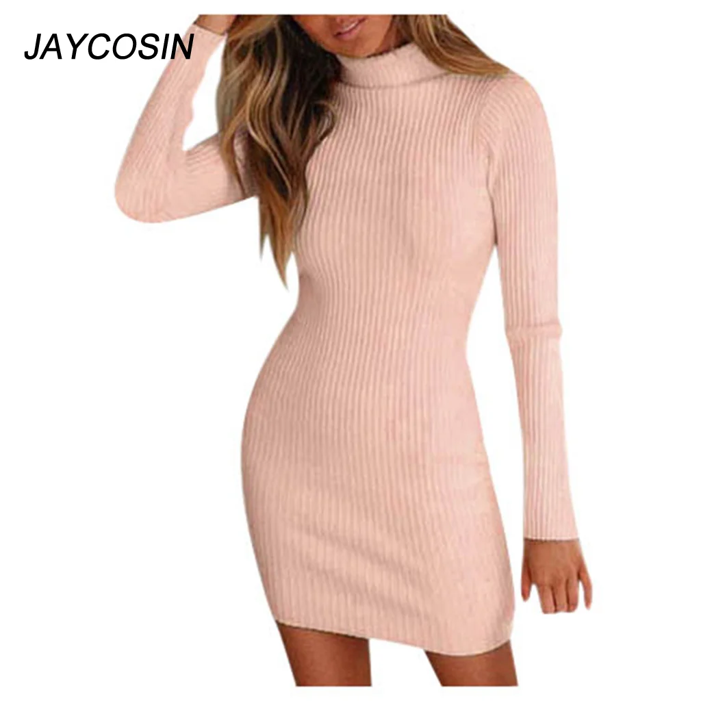 Мини платье женское Облегающее с высоким воротником и длинным рукавом 5