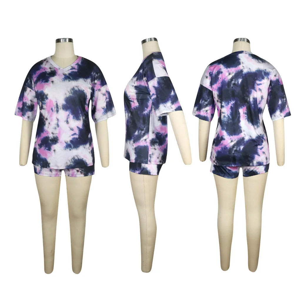

2020 New Arrival Suit European and American Women's Tie-Dye Gradient Printing Loose Bat Sleeve Shorts Suit Two-Piece Set