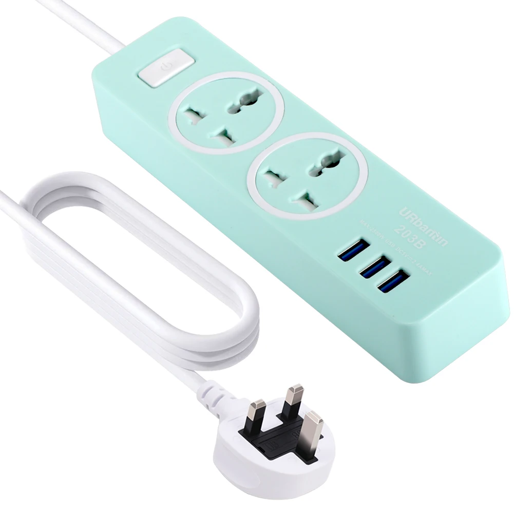 Urbantin 2AC& 3 USB общий переключатель сетевой шнур USB розетка Смарт гнездо для шнура удлинителя Универсальная Розетка с вилкой Великобритании - Цвет: Green