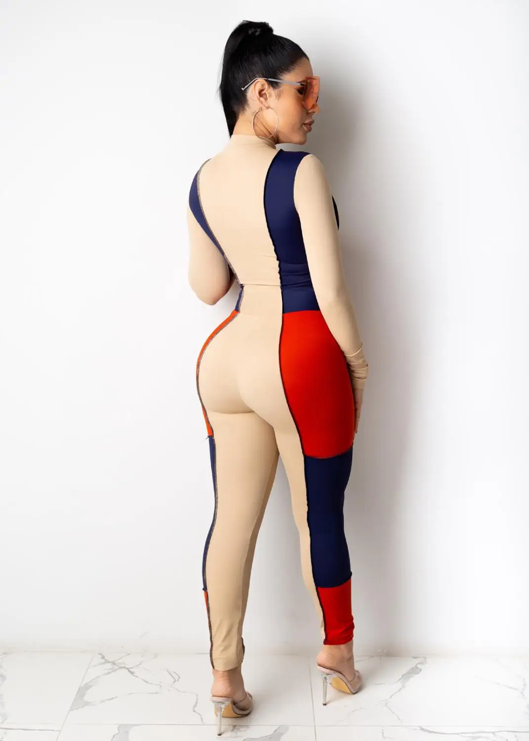 

Women Ribbed Jumpsuits Long Sleeve Turtleneck High Elasticity Zippers Rib Bodysuit Print Raised Lines Pattern Outdoor Wear