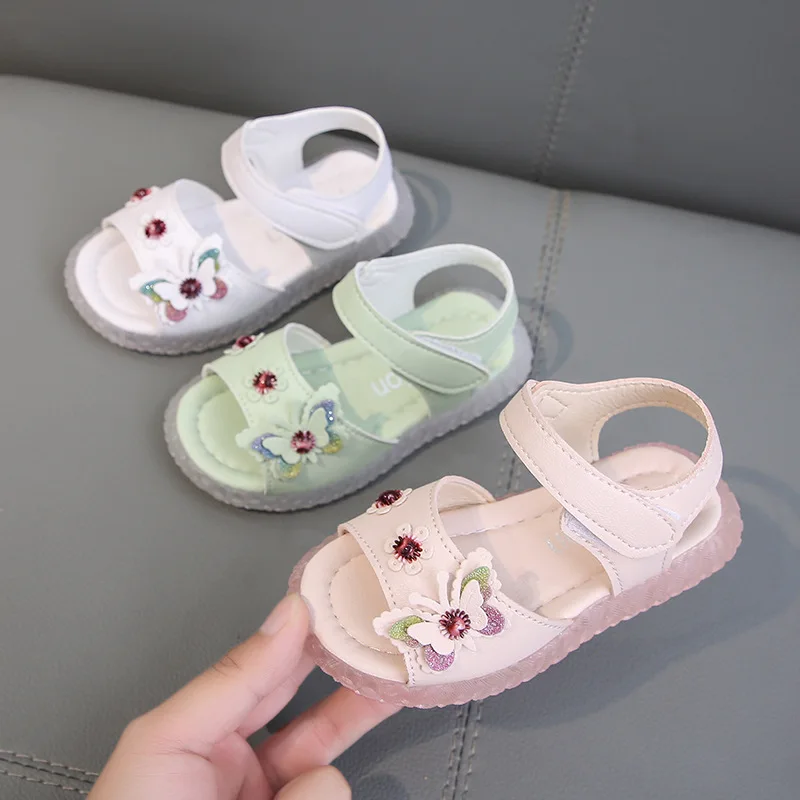 

Kids Sandals Summer New Style Toddler Girl Beach Shoes Soft Leather Flat Heels with Children Hook & Loop Solid Color