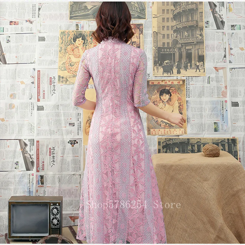 Retro Floral Lace Vietnam Ao Dai Women Elegant Split Long Qipao Dress Chinese Style Asian Cheongsam Lady Wedding Party Vestidos |