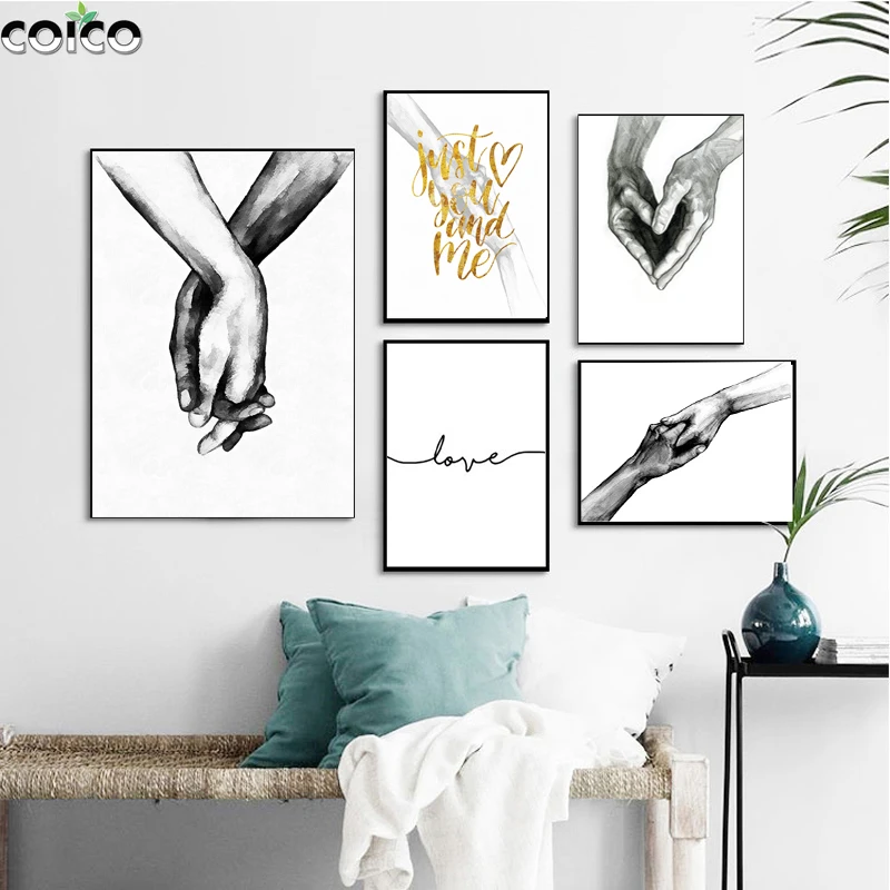 

Black White Hand In Hand Canvas Print Painting Nordic Modern Letter Wall Home Decor Aesthetic Poster Minimalist Room Art Picture