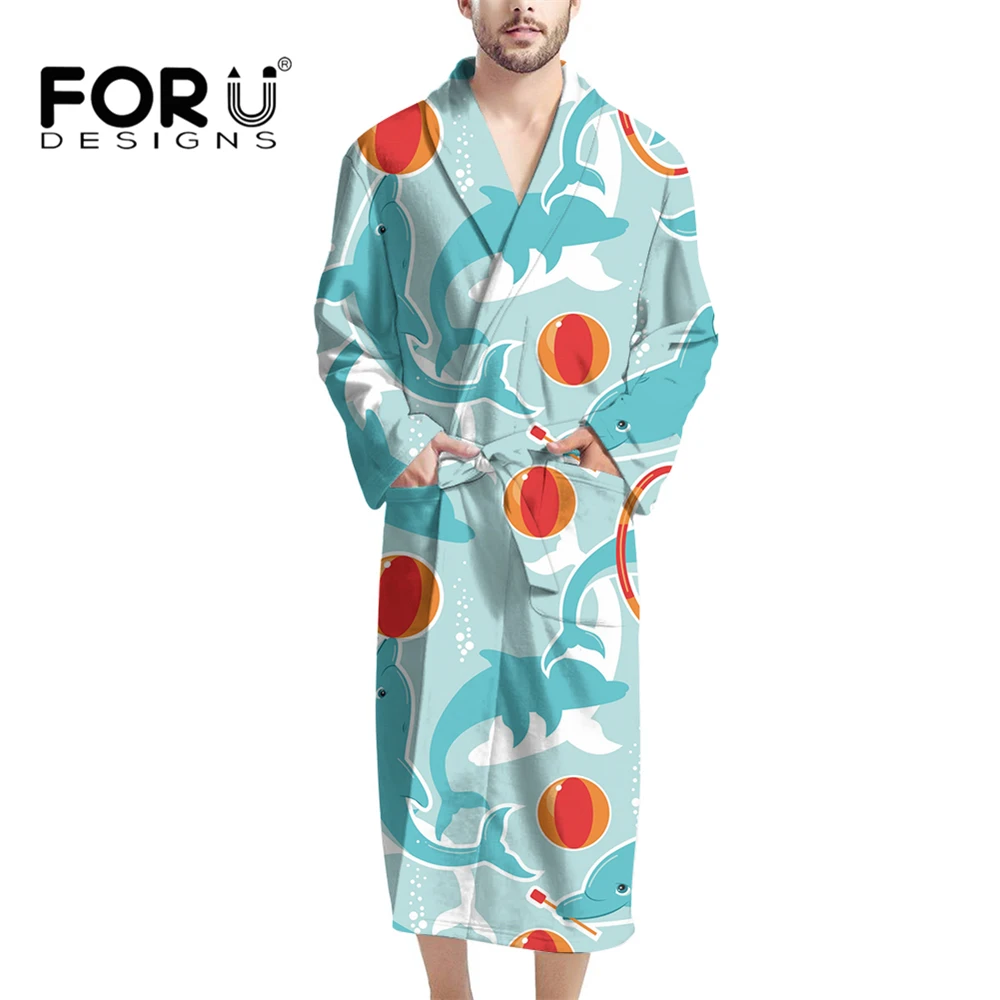 

FORUDESIGNS Cartoon Cute Dolphin Pattern Men's Long Sleeves Bathrobe Fluffy Lightweight Luxury Spa and Hotel Robe for Men