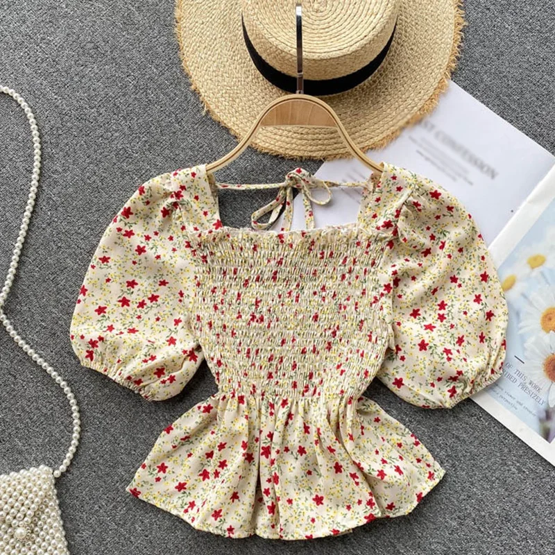 

Retro Fashion Floral Print Chiffon Blouse Women Casual Puff Sleeve Blouses Female Short Sleeve Top