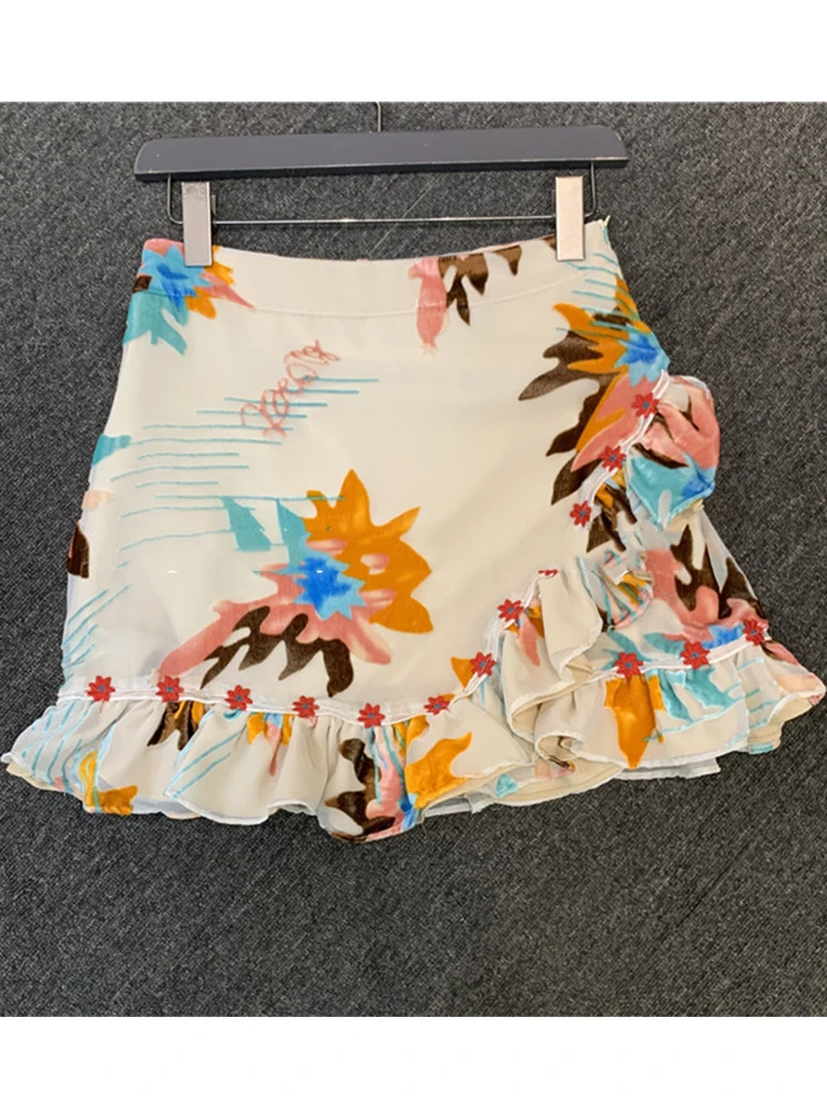 

Heavy craft flocking print lapel buckle short shirt two-piece shirt summer new + high waist frill bag hip A-line skirt suit