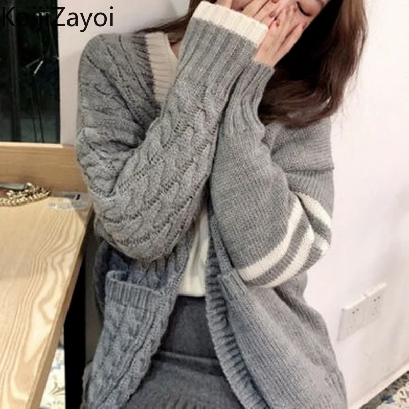 

Koijizayoi Women Knitted Cardigan Preppy Style Casual Loose Kardigan Lady Autumn Winter Sweater Thick Warm Tops Chic Sweater