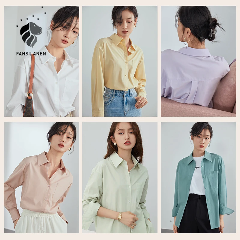 

FANSILANEN Multicolor office lady casual blouse shirt Women solid long sleeve button up shirt Spring female elegant white top