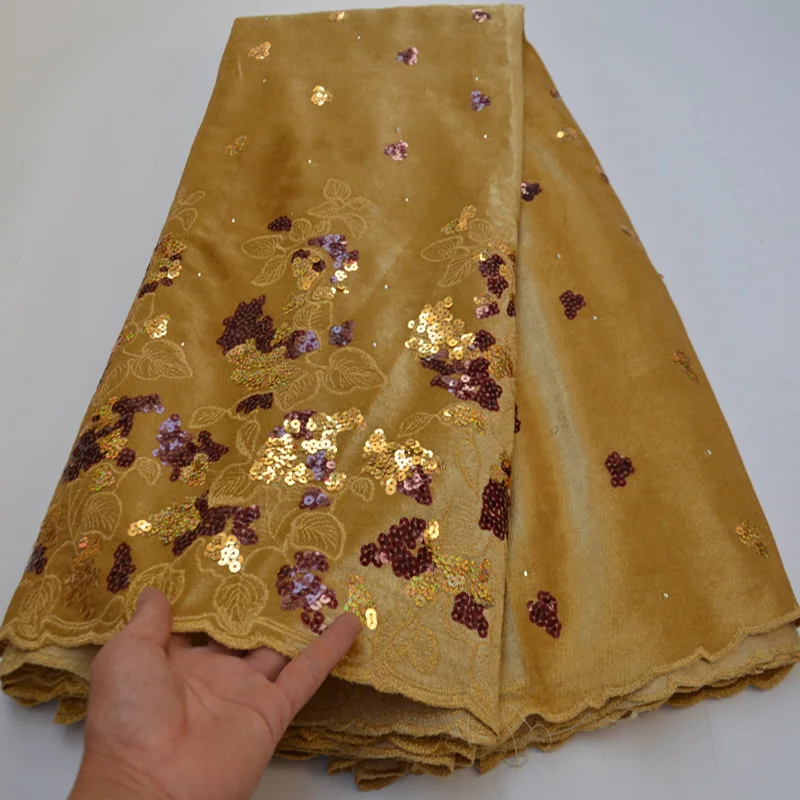 

(5yards/pc) High quality gold African soft velvet lace fabric with delicate sequins embroidery for party dress VLP007