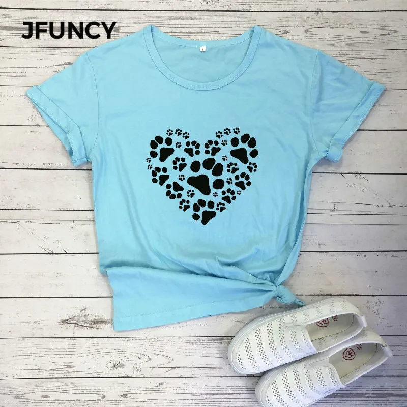 

JFUNCY Dog Footprints Love Graphic Funny Women T Shirt 100% Cotton Tees Shirts O-Neck Short Sleeve Female T-shirts