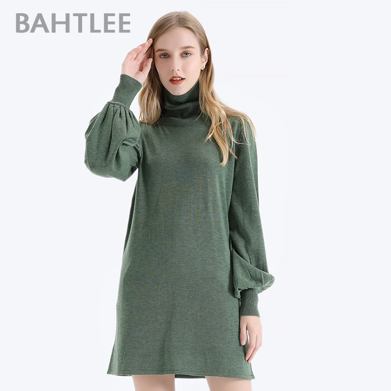 BAHTLEE Winter Women Wool Turtleneck Pullovers Sweater Knitted Long style Jumper Ruched Puff Sleeves Loose Preppy Style