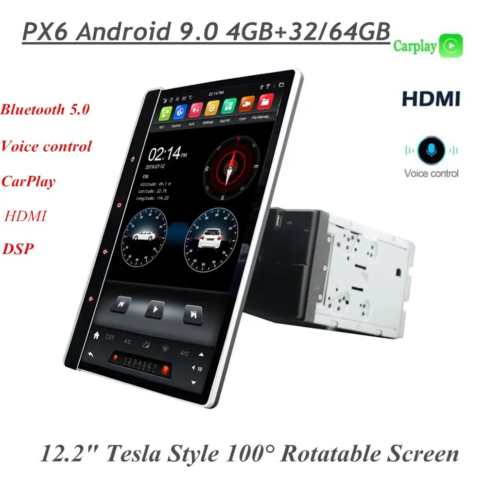 

4 Гб + 64 Гб Carplay Tesla Style вращающийся на 100 ° экран 12,2 дюйма Универсальный PX6 Android 9,0 автомобильный DVD стерео радио GPS Bluetooth 5,0 WIFI