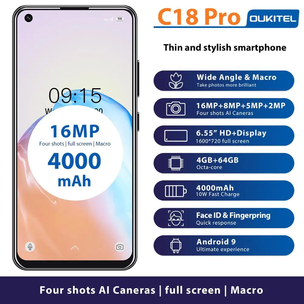 Перейти на Алиэкспресс и купить OUKITEL C18 Pro смартфон 4G Оперативная память 6 Встроенная память 6,55 дюймдюйм HD Android 9 16MP 4000 мА/ч, 5V2A MTK6757 Octa Core LTE, отпечаток пальца, мобильный телефон
