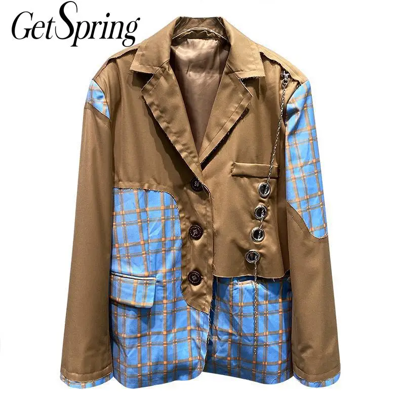 

GetSpring Women Blazer Single Breasted Long Sleeve Ladies Blazer Coat Plaid Patchwotk Women's Suit Jacket Irregular Woman Tops
