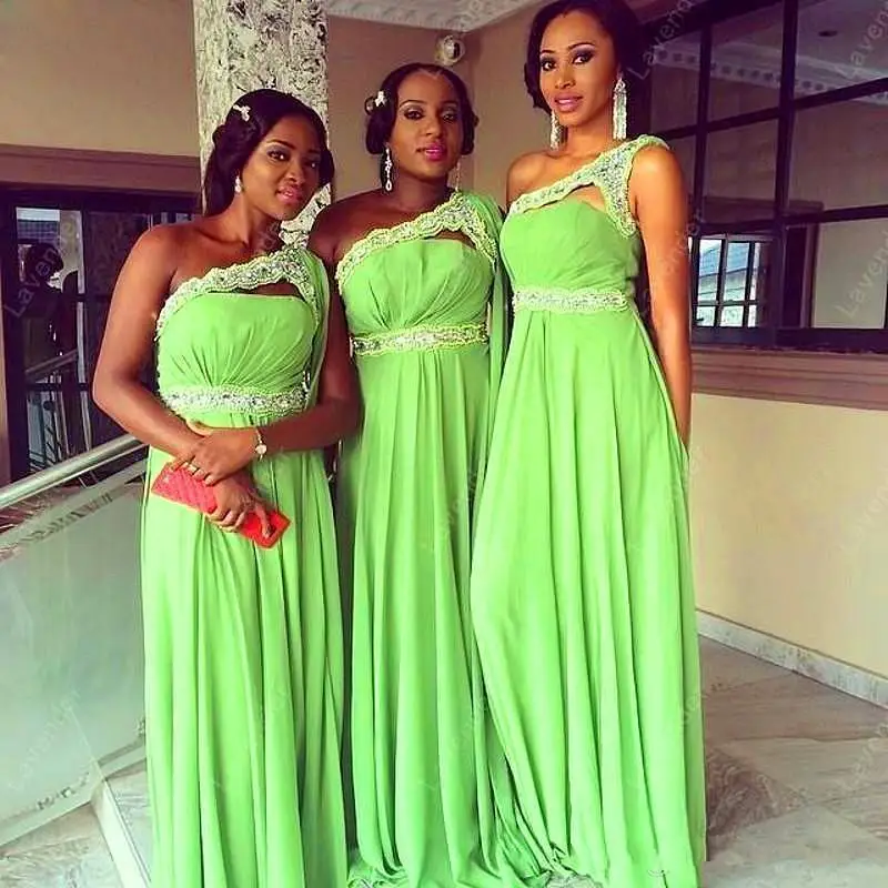 

African Lime Green Chiffon Bridesmaid Dresses One Shoulder Lace Beaded Sleeveless Long Bridemaids Prom Gowns Wedding Party Dres