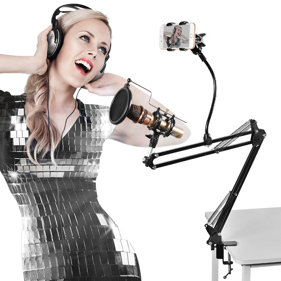 Подставка для микрофона с металлическим держателем телефона ножничный