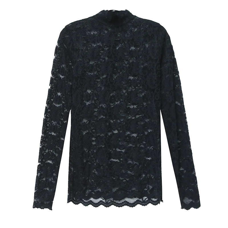 

Turtleneck Lace Top Female New Spring Sexy Perspective Hollow Out Long Sleeves Lace Mesh Shirts Ladies Slim Basic Tops Tees