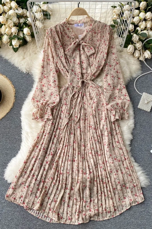 

French 2021 New Spring Sweet Tie Bow Retro Scarf Collar Puff Sleeve Mid-Calf Chiffon Dress for Women