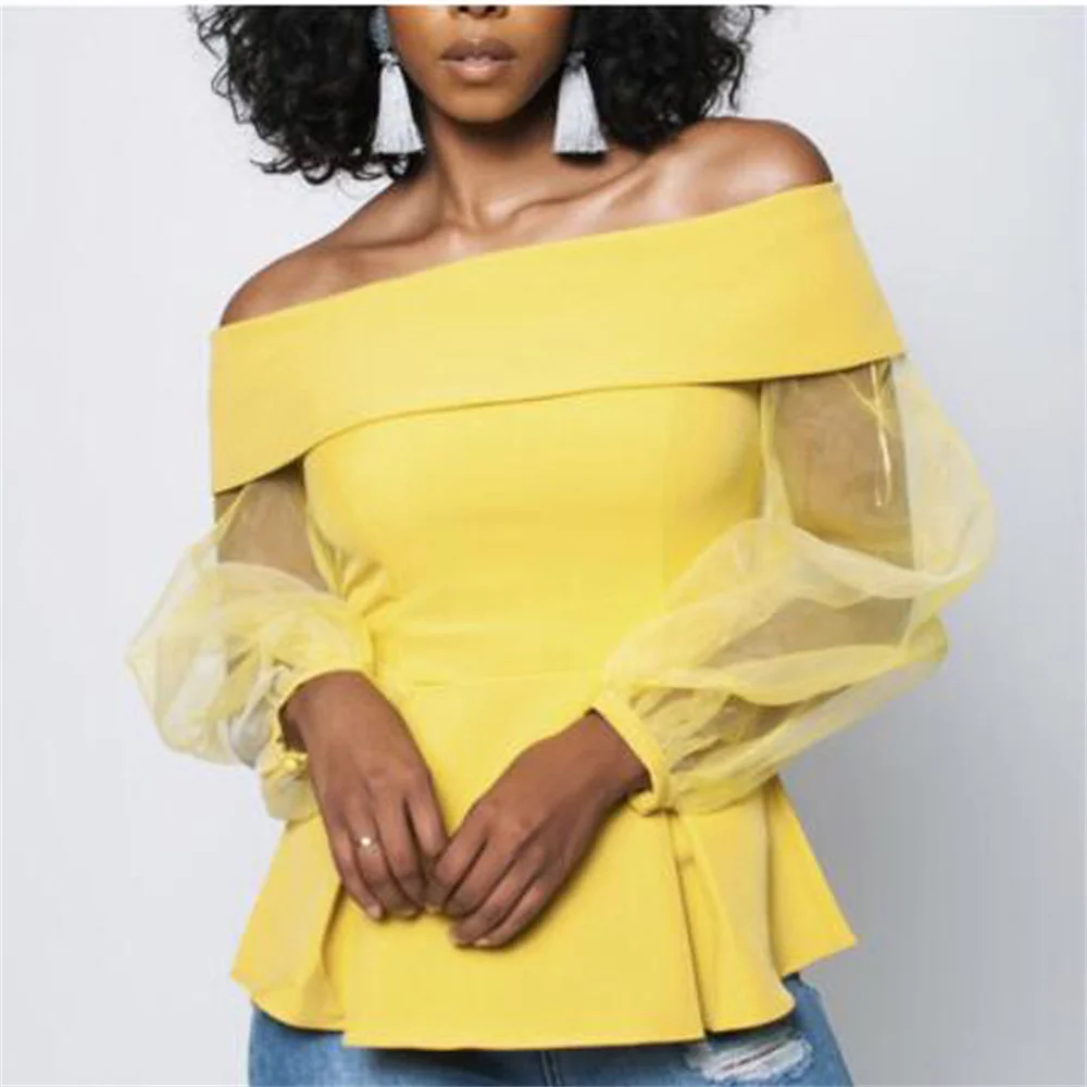 

Yellow Sexy Slash Neck Ruffled Tops Women Blouse Summer See-Though Organza Lantern Sleeve Pullover African Office Women's Tunic