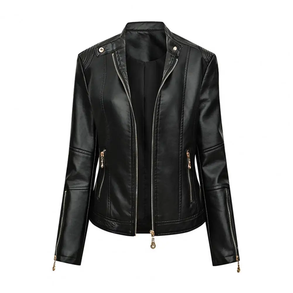 

Ladies Leather Jacket Coat Zipper Thin Waist Type Jacket Solis Color Faux Leather Windproof Slim Lady Coat for Motorcycle Riding