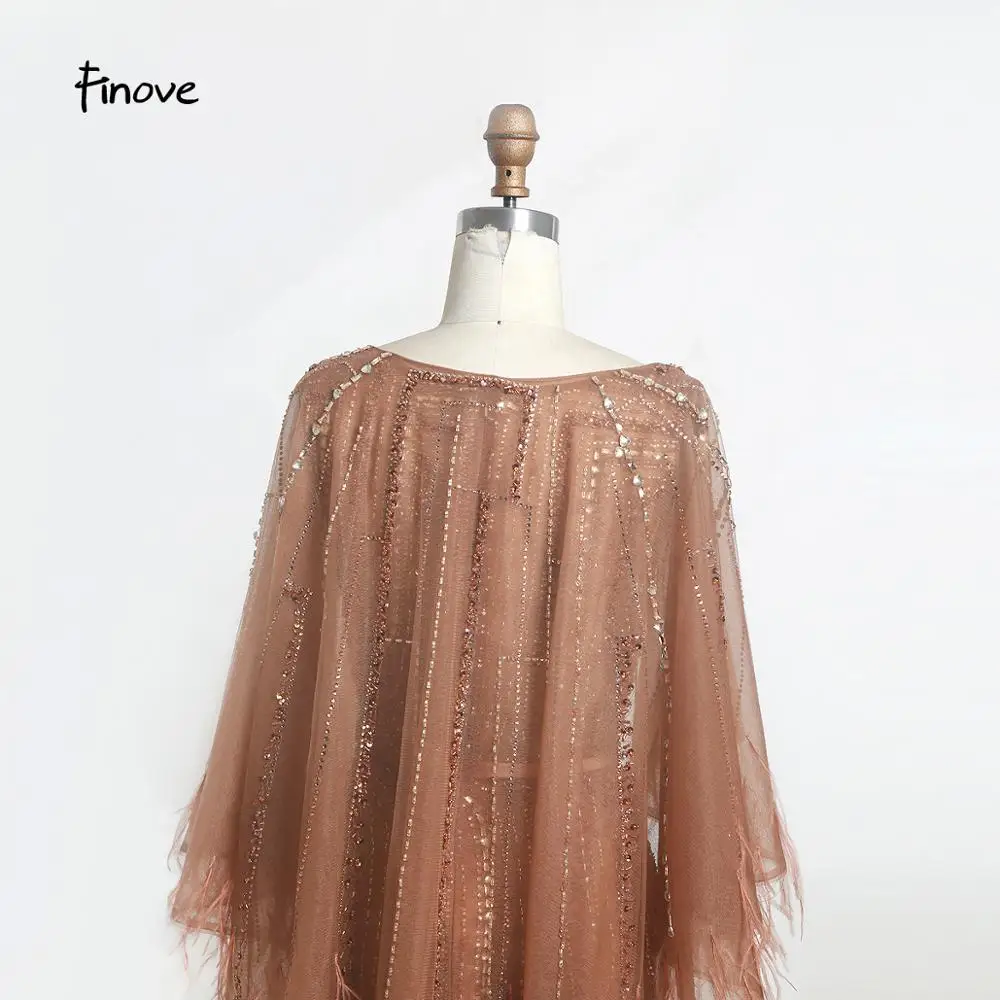 Finove Vintage Evening Dress Long 2020 New Noble Champagne Mermaid O Neck Beaded Feathers With Cloak Party Gowns Plus Size | Свадьбы и
