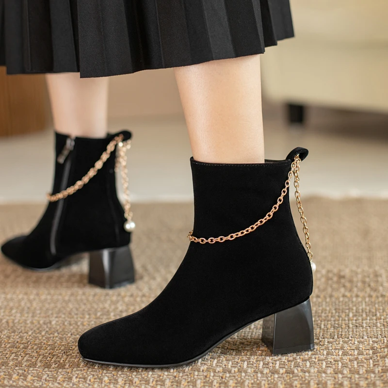 Ботинки женские на квадратном каблуке с острым носком резиновой подошве | Обувь