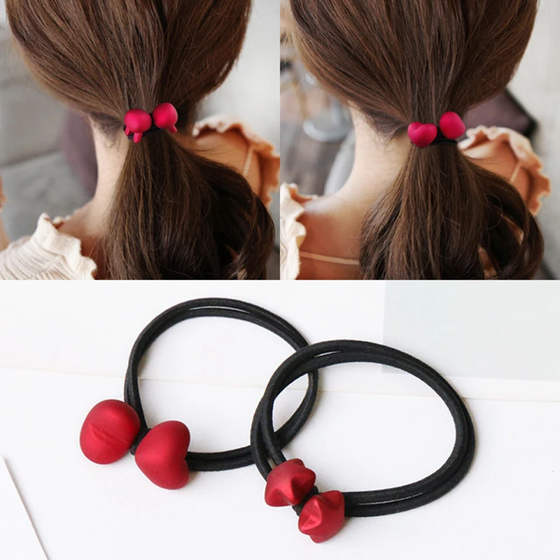 Высококачественные популярные красные эластичные резинки для волос с сердцем, медведем и кроликом на головной повязке для женщин, карикатурные резинки для волос для дамских аксессуаров.