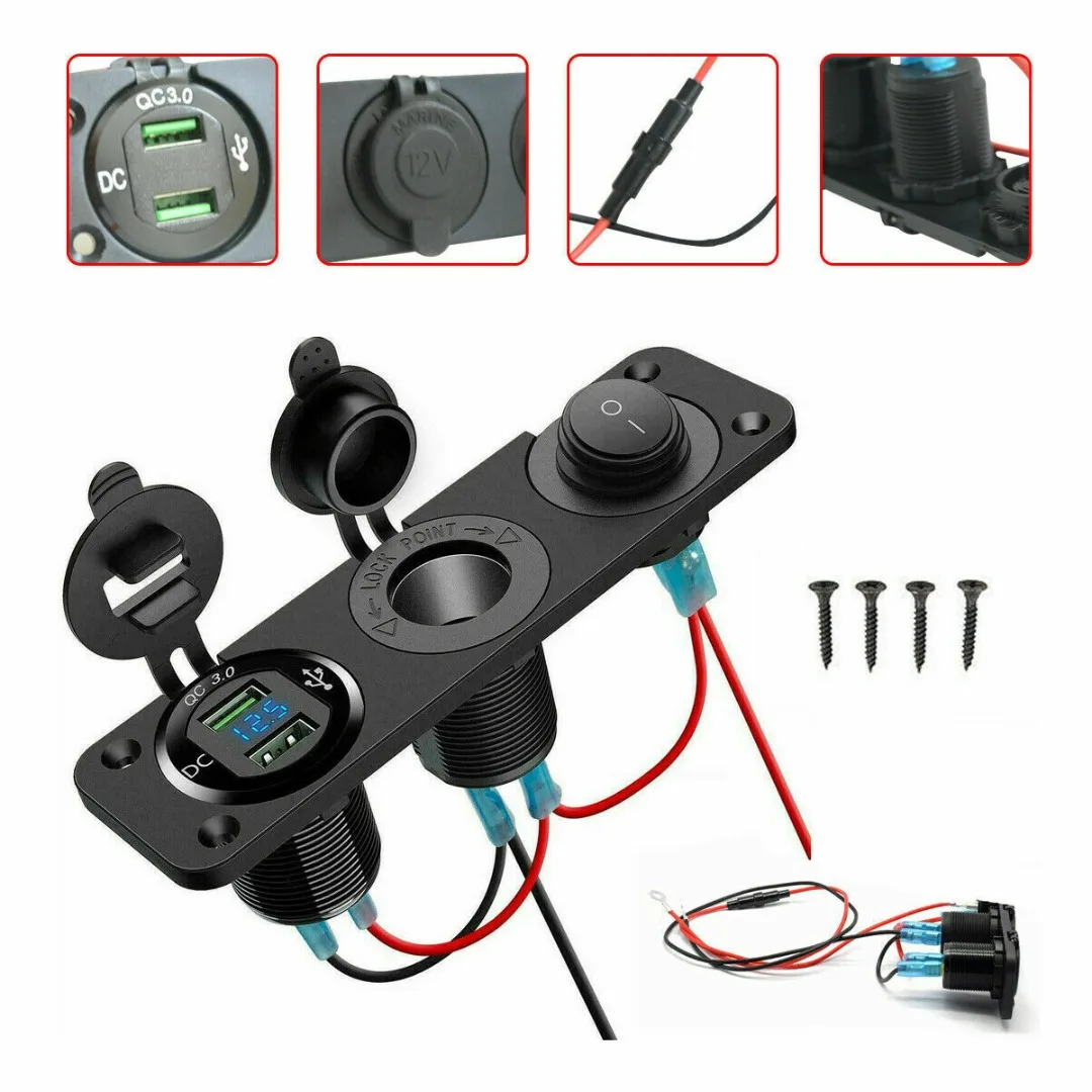 

1pc 12V-24V Car Cigarette Lighter Socket + 3.0 Dual USB Charger + Blue LED Voltmeter Panel + ON OFF Switch Accessories Parts