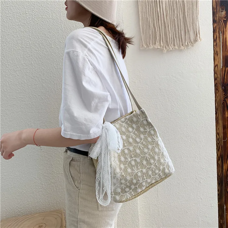 

Summer Beach Straw Woven Bag Women 2020 Fashion Shoulder Bag For Women Lace Embroidery Hand Bags Ladies Tote Bag Bolsa Feminina