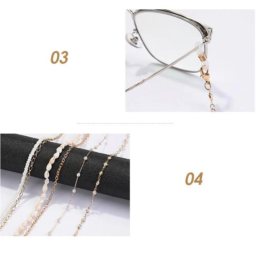 Цепочка для очков с белыми хрустальными бусинами и жемчугом металлическая