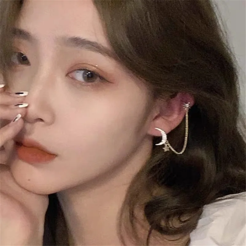 Простые Длинные серьги цепочки в форме Луны и звезды Стразы для женщин Сияющие