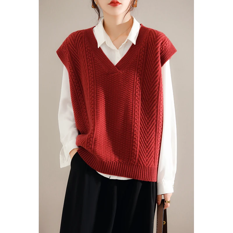 

Autumn Winer Women's Sweaters Thick Sleeveless V-Neck Jumper Vest Coats Female Pullover 100% Wool Knitted Tops Clothing Oversize